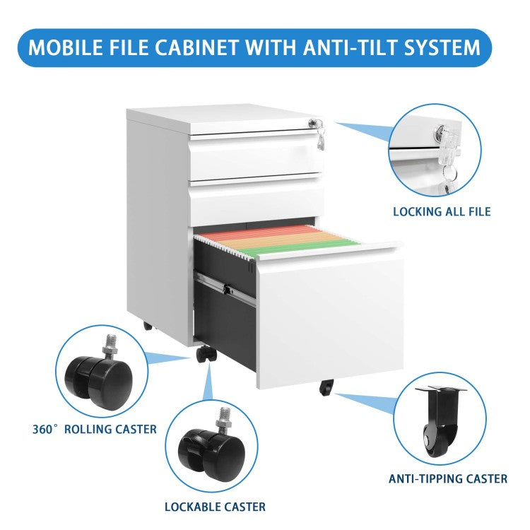 3 Drawer Mobile File Cabinet With Lock,Metal Filing Cabinets For Home Office Organizer Letters Legal A4,Fully Assembled Except Wheels,White