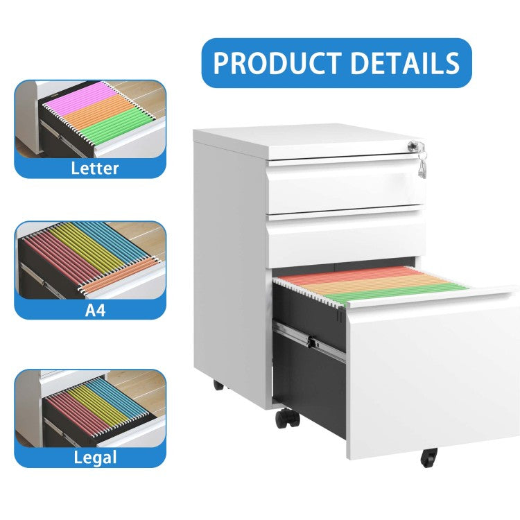 3 Drawer Mobile File Cabinet With Lock,Metal Filing Cabinets For Home Office Organizer Letters Legal A4,Fully Assembled Except Wheels,White