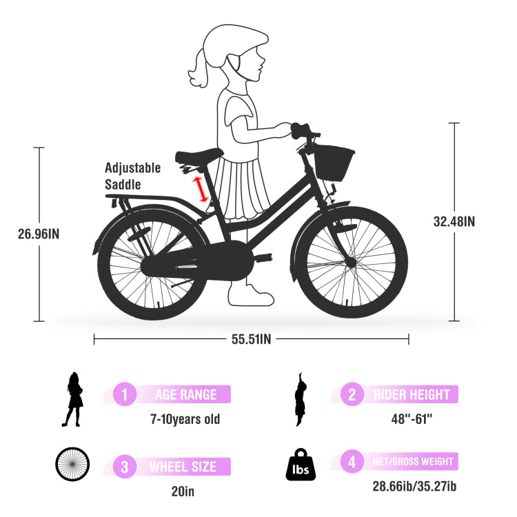 Multiple Colors,Girls Bike With Basket For 7 10 Years Old Kids,20 Inch Wheel ,No Training Wheels Included
