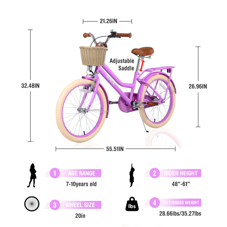 Multiple Colors,Girls Bike With Basket For 7 10 Years Old Kids,20 Inch Wheel ,No Training Wheels Included