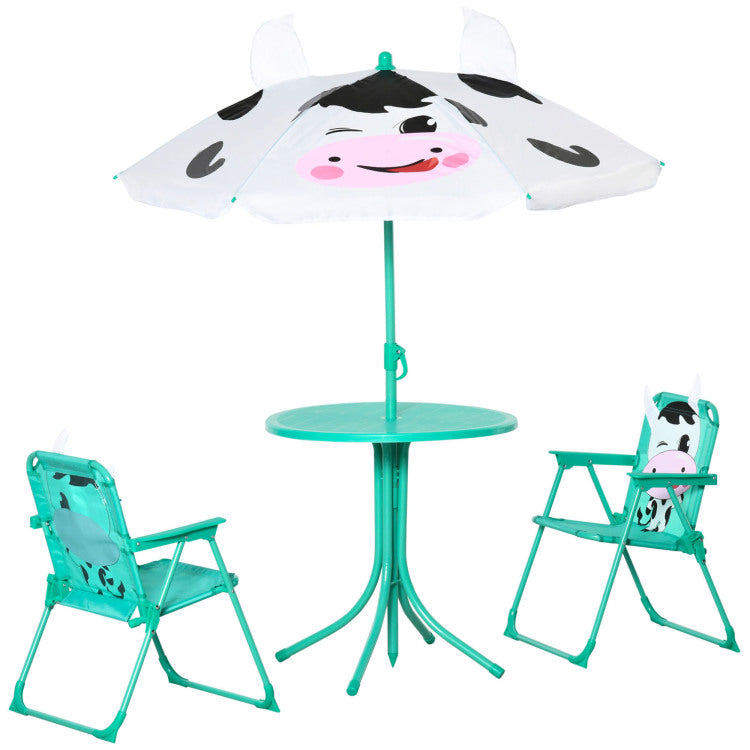 Kids Table And Chair Set, Outdoor Folding Garden Furniture, Picnic Table For Patio Backyard, With Dairy Cow Pattern, Removable & Height Adjustable Sun Umbrella, Aged 3 6 Years Old,White