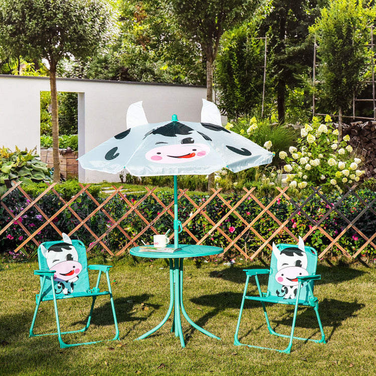 Kids Table And Chair Set, Outdoor Folding Garden Furniture, Picnic Table For Patio Backyard, With Dairy Cow Pattern, Removable & Height Adjustable Sun Umbrella, Aged 3 6 Years Old,White