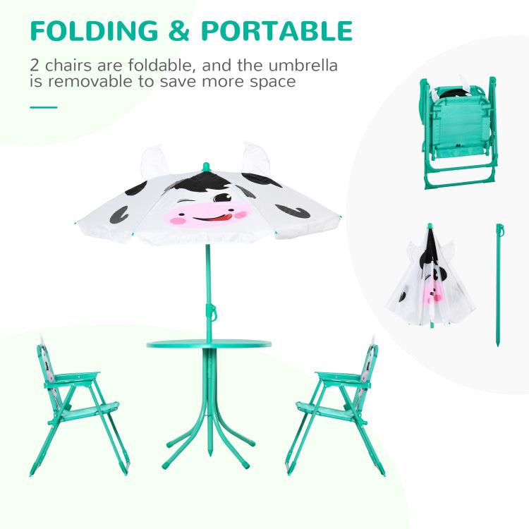 Kids Table And Chair Set, Outdoor Folding Garden Furniture, Picnic Table For Patio Backyard, With Dairy Cow Pattern, Removable & Height Adjustable Sun Umbrella, Aged 3 6 Years Old,White