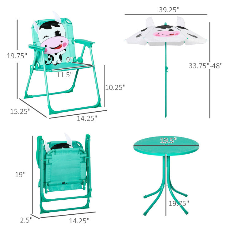 Kids Table And Chair Set, Outdoor Folding Garden Furniture, Picnic Table For Patio Backyard, With Dairy Cow Pattern, Removable & Height Adjustable Sun Umbrella, Aged 3 6 Years Old,White
