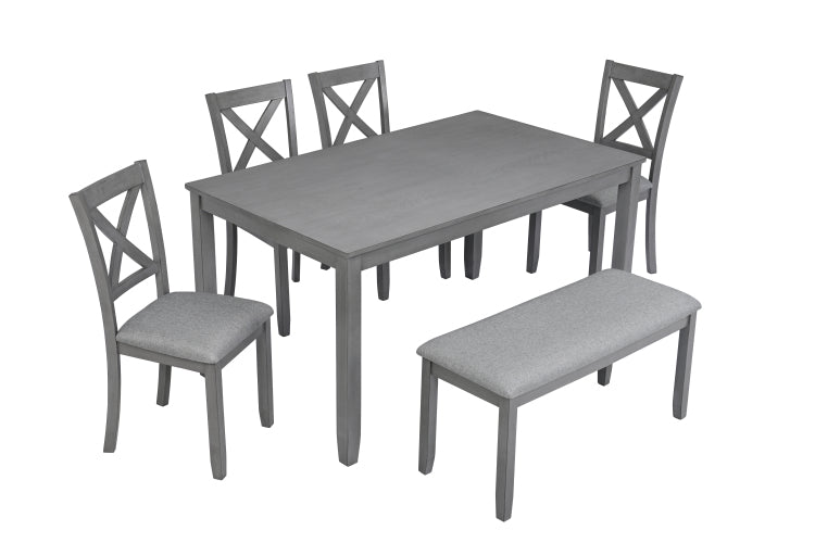 6 Piece Kitchen Dining Set, Rectangular Wooden Dining Table With 4 Upholstered Chairs And A Bench, Dining Table Set For 6 People, Living Room, Home Bar And Kitchen, Gray