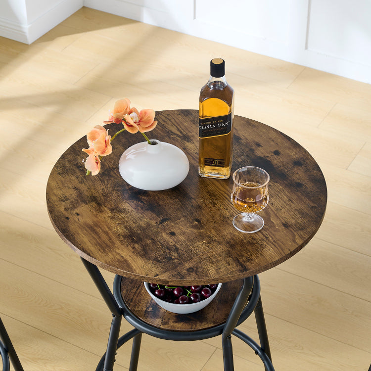 Round Bar Table And Stool Set With Shelf, Upholstered Stool With Backrest, Rustic Brown, 24.17"W X 24.17"D X 36.02"H