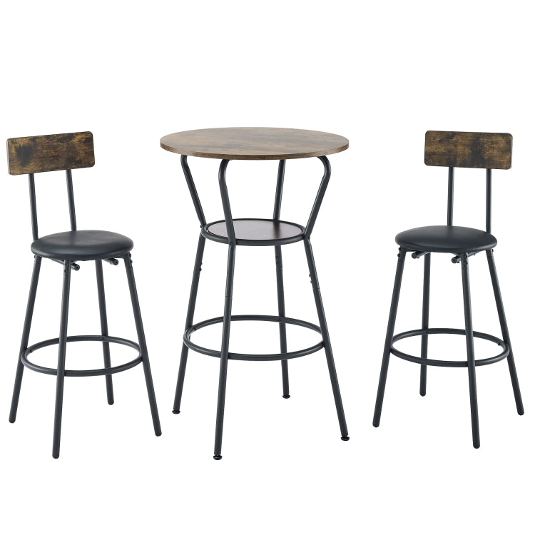 Round Bar Table And Stool Set With Shelf, Upholstered Stool With Backrest, Rustic Brown, 24.17"W X 24.17"D X 36.02"H