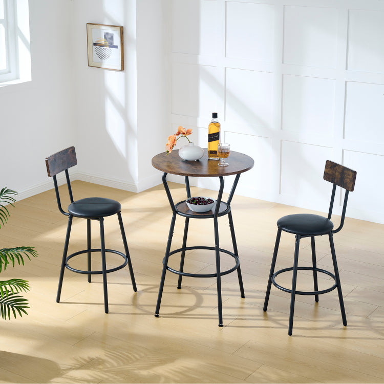 Round Bar Table And Stool Set With Shelf, Upholstered Stool With Backrest, Rustic Brown, 24.17"W X 24.17"D X 36.02"H