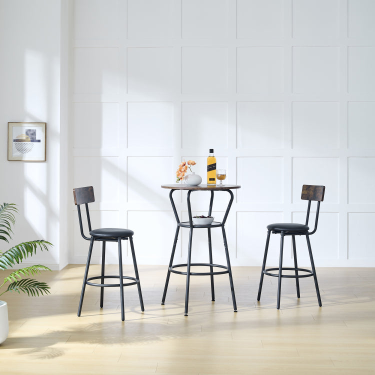 Round Bar Table And Stool Set With Shelf, Upholstered Stool With Backrest, Rustic Brown, 24.17"W X 24.17"D X 36.02"H