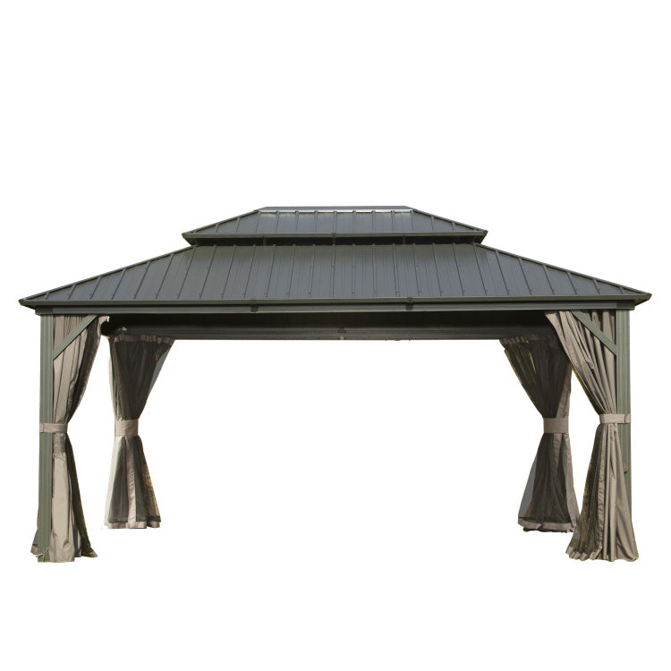 12' X 14' Hardtop Gazebo, Aluminum Metal Gazebo With Galvanized Steel Double Roof Canopy, Curtain And Netting, Permanent Gazebo Pavilion For Patio, Backyard, Deck, Lawn