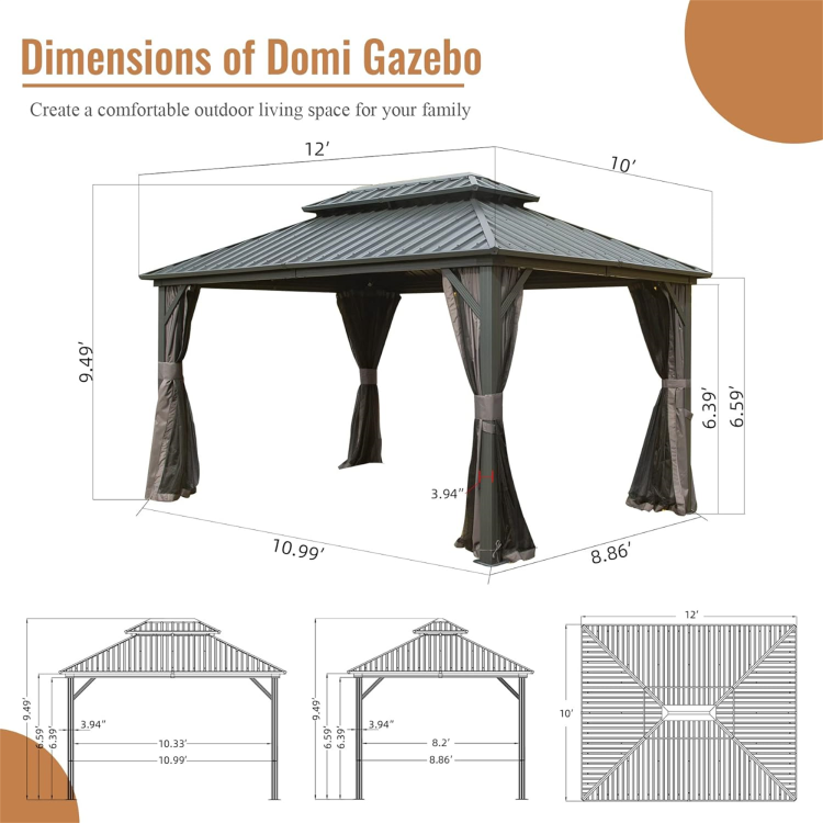 10' X 12' Hardtop Gazebo, Aluminum Metal Gazebo With Galvanized Steel Double Roof Canopy, Curtain And Netting, Permanent Gazebo Pavilion For Patio, Backyard, Deck, Lawn