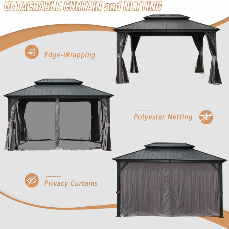 10' X 12' Hardtop Gazebo, Aluminum Metal Gazebo With Galvanized Steel Double Roof Canopy, Curtain And Netting, Permanent Gazebo Pavilion For Patio, Backyard, Deck, Lawn