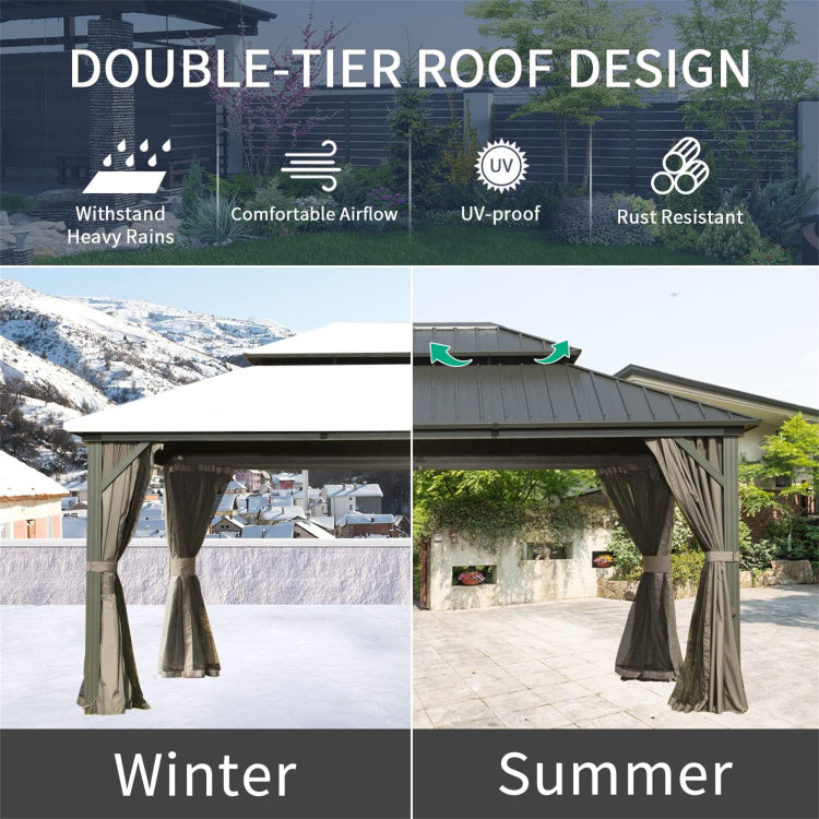 12' X 14' Hardtop Gazebo, Aluminum Metal Gazebo With Galvanized Steel Double Roof Canopy, Curtain And Netting, Permanent Gazebo Pavilion For Patio, Backyard, Deck, Lawn