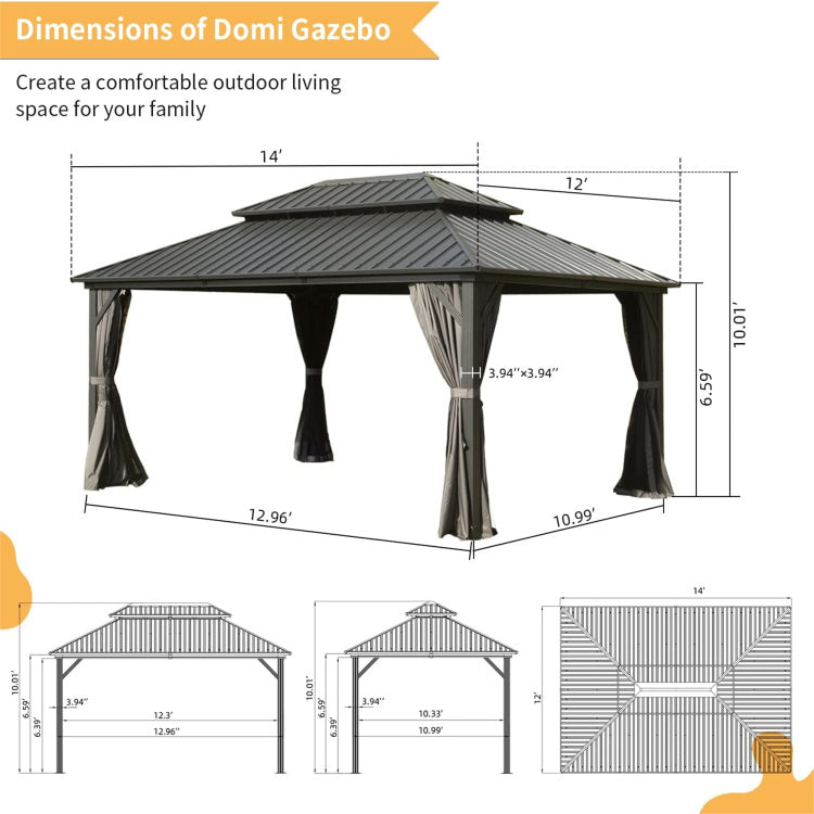 12' X 14' Hardtop Gazebo, Aluminum Metal Gazebo With Galvanized Steel Double Roof Canopy, Curtain And Netting, Permanent Gazebo Pavilion For Patio, Backyard, Deck, Lawn