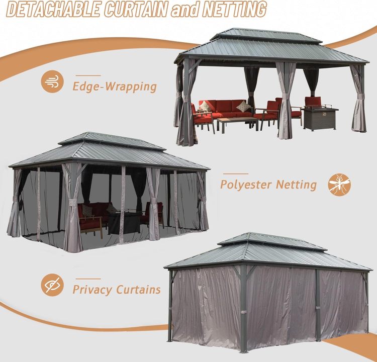 12' X 20' Hardtop Gazebo, Aluminum Metal Gazebo With Galvanized Steel Double Roof Canopy, Curtain And Netting, Permanent Gazebo Pavilion For Patio, Backyard, Deck, Lawn