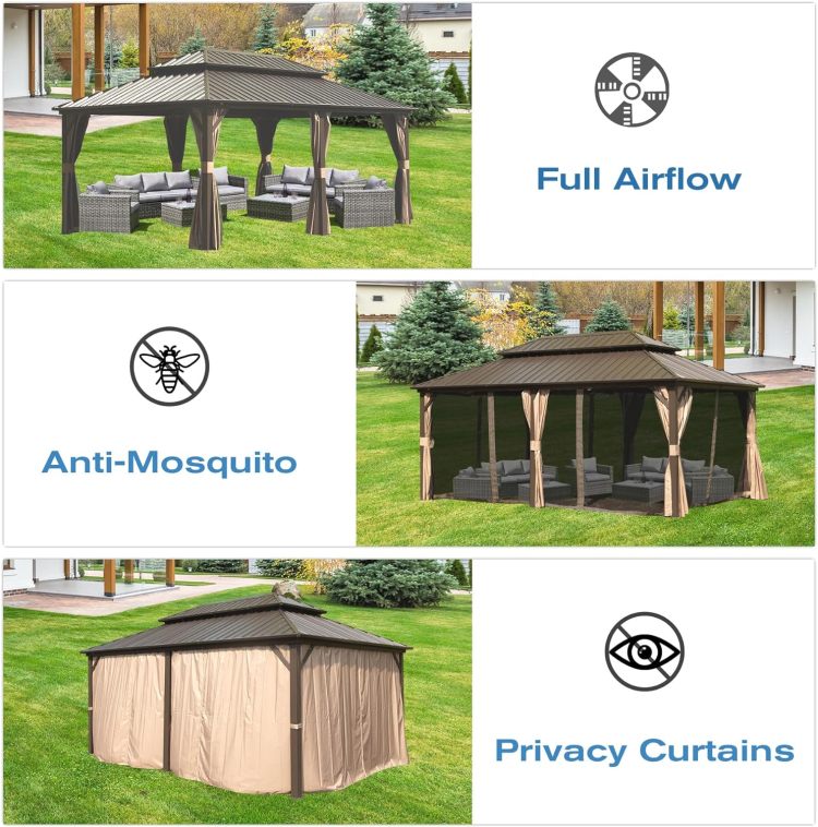12' X 20' Hardtop Gazebo, Aluminum Metal Gazebo With Galvanized Steel Double Roof Canopy, Curtain And Netting, Permanent Gazebo Pavilion For Party, Wedding, Outdoor Dining, Brown