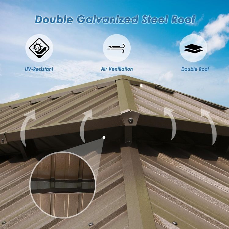 12' X 20' Hardtop Gazebo, Aluminum Metal Gazebo With Galvanized Steel Double Roof Canopy, Curtain And Netting, Permanent Gazebo Pavilion For Party, Wedding, Outdoor Dining, Brown