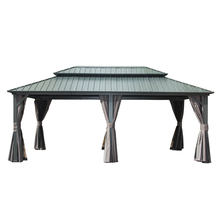 12' X 20' Hardtop Gazebo, Aluminum Metal Gazebo With Galvanized Steel Double Roof Canopy, Curtain And Netting, Permanent Gazebo Pavilion For Patio, Backyard, Deck, Lawn