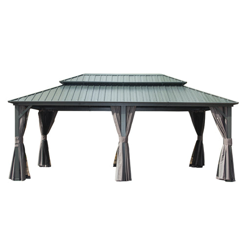12' X 20' Hardtop Gazebo, Aluminum Metal Gazebo With Galvanized Steel Double Roof Canopy, Curtain And Netting, Permanent Gazebo Pavilion For Patio, Backyard, Deck, Lawn
