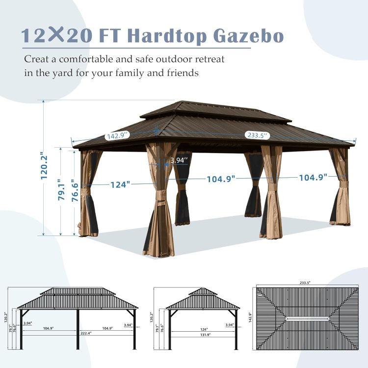12' X 20' Hardtop Gazebo, Aluminum Metal Gazebo With Galvanized Steel Double Roof Canopy, Curtain And Netting, Permanent Gazebo Pavilion For Party, Wedding, Outdoor Dining, Brown
