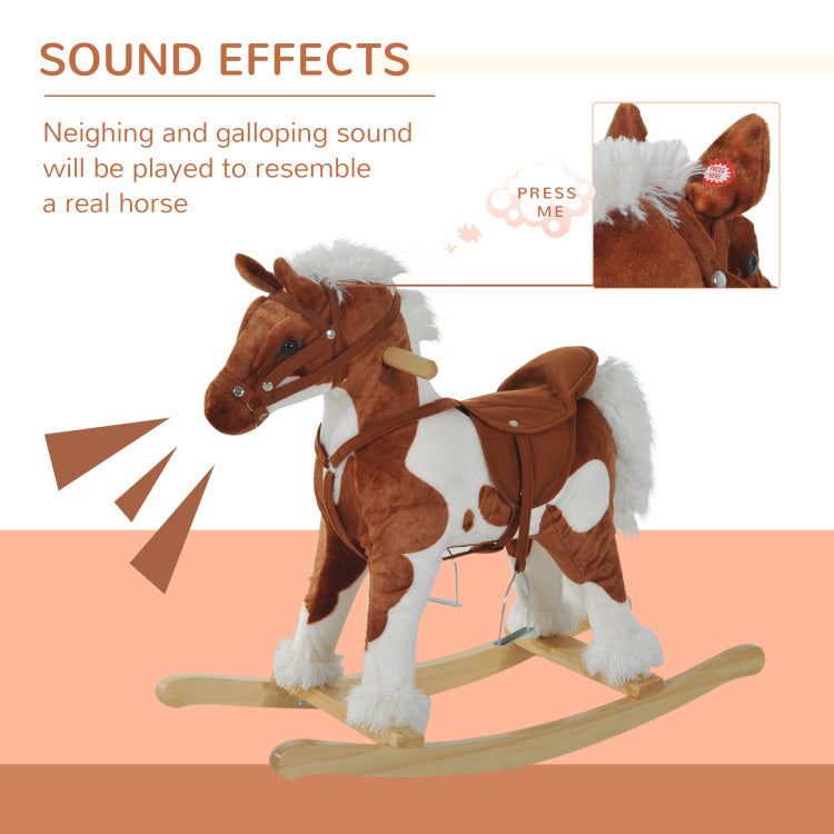 Wooden Toddler Rocking Horse, Kids Plush Rocking Chair Toy With Nursery Rhyme Music Brown