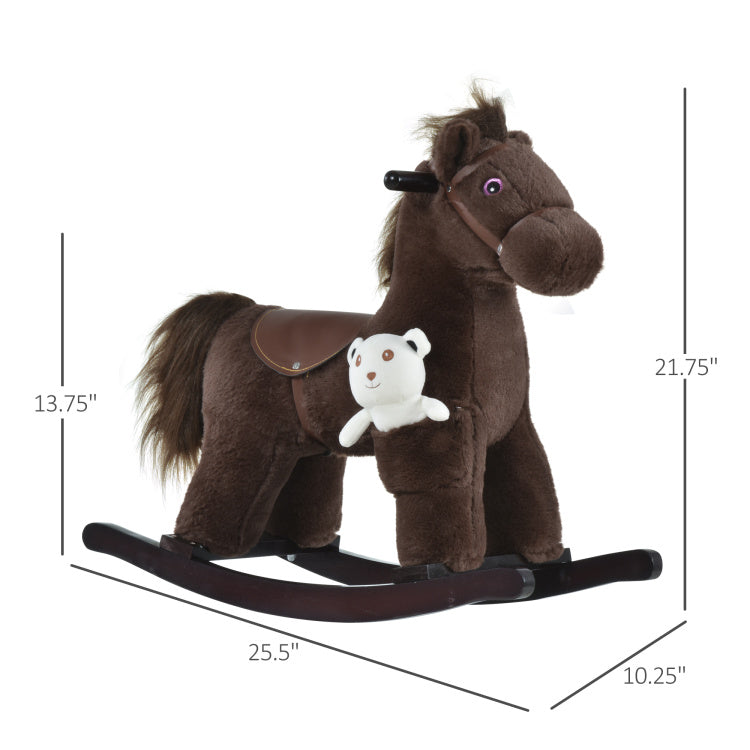 Kids Plush Ride On Rocking Horse With Bear Toy, Children Chair With Soft Plush Toy & Fun Realistic Sounds, Brown