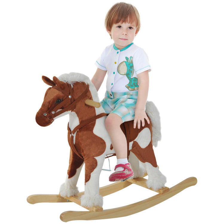 Wooden Toddler Rocking Horse, Kids Plush Rocking Chair Toy With Nursery Rhyme Music Brown