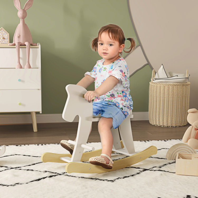 Wooden Rocking Horse Toddler Baby Ride On Toys For Kids 1 3 Years With Classic Design & Solid Workman, White