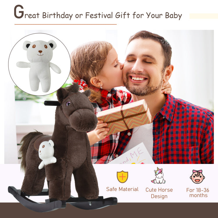 Kids Plush Ride On Rocking Horse With Bear Toy, Children Chair With Soft Plush Toy & Fun Realistic Sounds, Brown