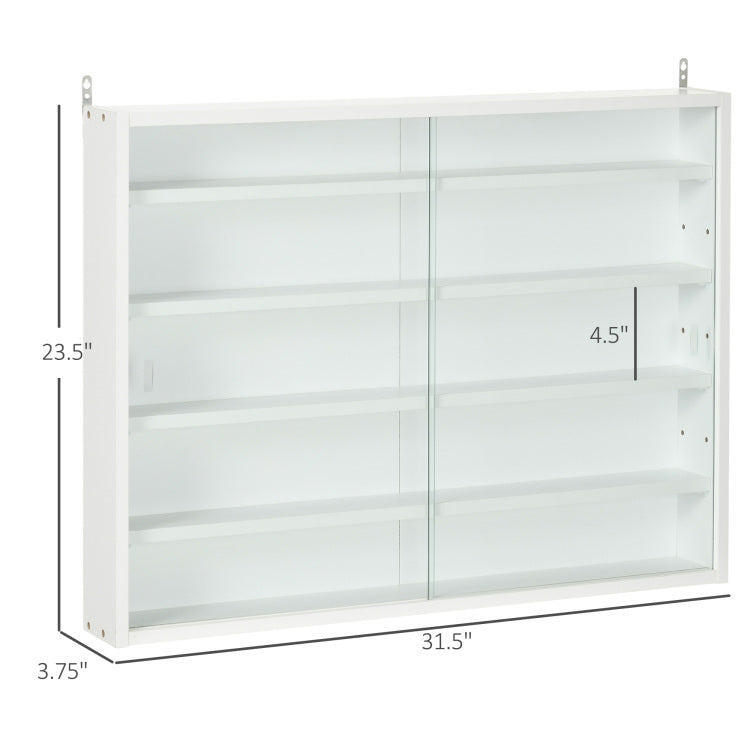 5 Tier Display Cabinet, Glass Display Case With 2 Doors And Adjustable Shelves, Wall Mounted, White
