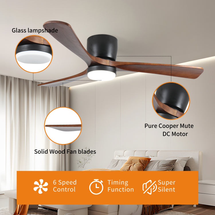 42 Inch Black Wood S With Lights And Remote, Modern Flush Mount Low Profile With Light, 6 Speed, Reversible Dc Motor, For Bedroom Outdoor Farmhouse Patios