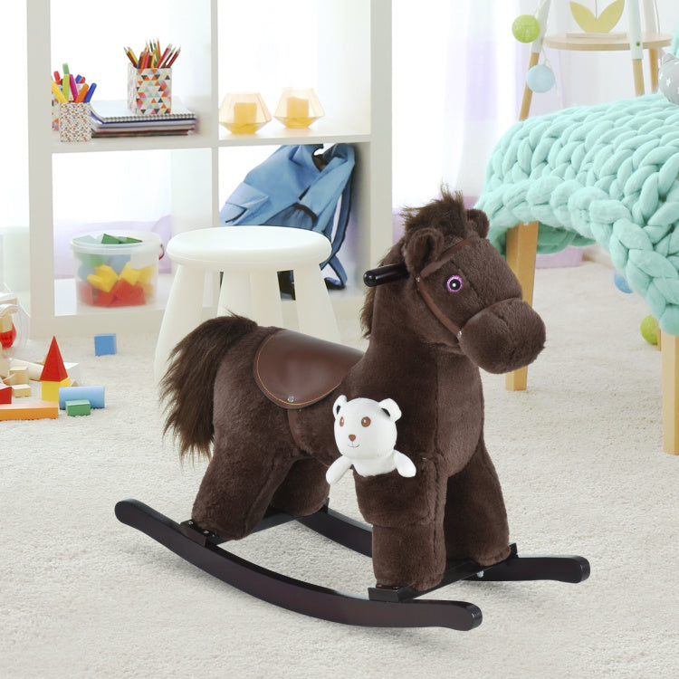 Kids Plush Ride On Rocking Horse With Bear Toy, Children Chair With Soft Plush Toy & Fun Realistic Sounds, Brown