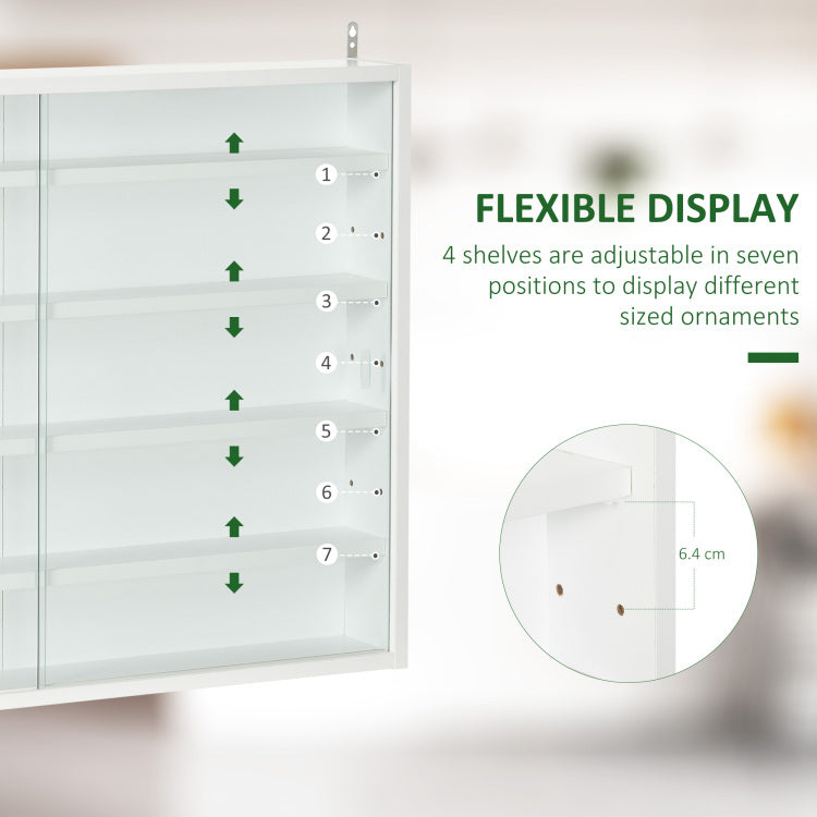 5 Tier Display Cabinet, Glass Display Case With 2 Doors And Adjustable Shelves, Wall Mounted, White