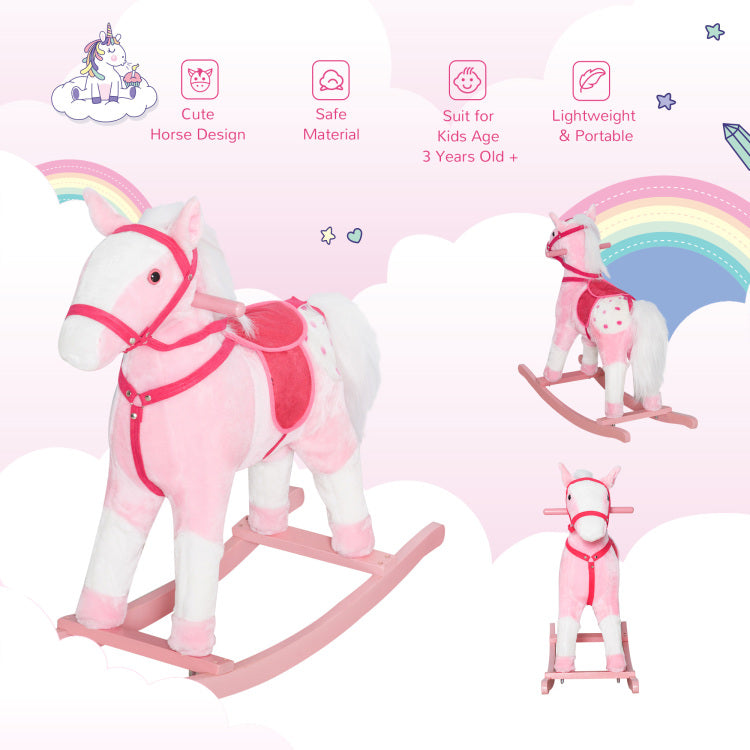 Kids Plush Toy Rocking Horse Pony Toddler Ride On Animal For Girls Pink Birthday Gifts With Realistic Sounds, Pink