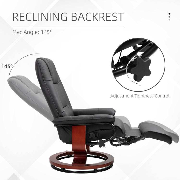 Faux Leather Manual Recliner, Adjustable Swivel Lounge Chair With Footrest, Armrest And Wrapped Wood Base For Living Room, Black