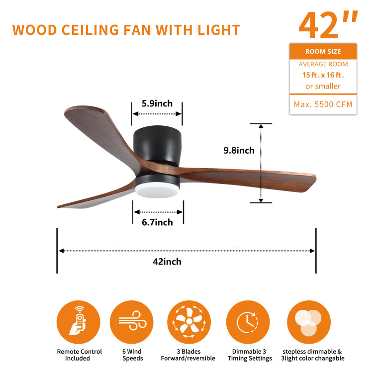 42 Inch Black Wood S With Lights And Remote, Modern Flush Mount Low Profile With Light, 6 Speed, Reversible Dc Motor, For Bedroom Outdoor Farmhouse Patios