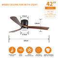 42 Inch Black Wood S With Lights And Remote, Modern Flush Mount Low Profile With Light, 6 Speed, Reversible Dc Motor, For Bedroom Outdoor Farmhouse Patios
