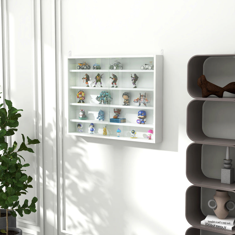 5 Tier Display Cabinet, Glass Display Case With 2 Doors And Adjustable Shelves, Wall Mounted, White