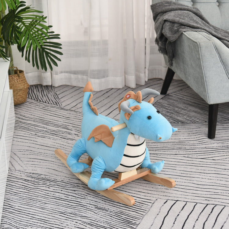 Kids Plush Ride On Rocking Horse Toy Dinosaur Ride Rocking Chair With Realistic Sounds For18 36 Months, Blue
