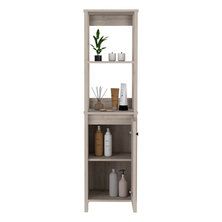 Linen Single Door Cabinet 59" H, Two Interior Shelves, Two Open Shelves, Light Gray