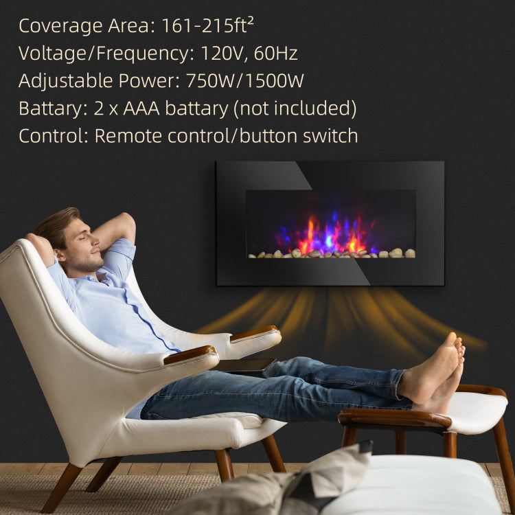 28.5" 1500W Electric Wall Mounted Fireplace With Flame Effect, 7 Color Background Light, Black
