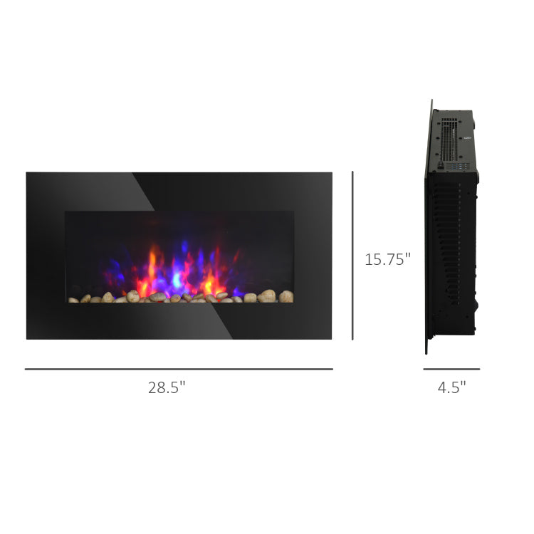 28.5" 1500W Electric Wall Mounted Fireplace With Flame Effect, 7 Color Background Light, Black