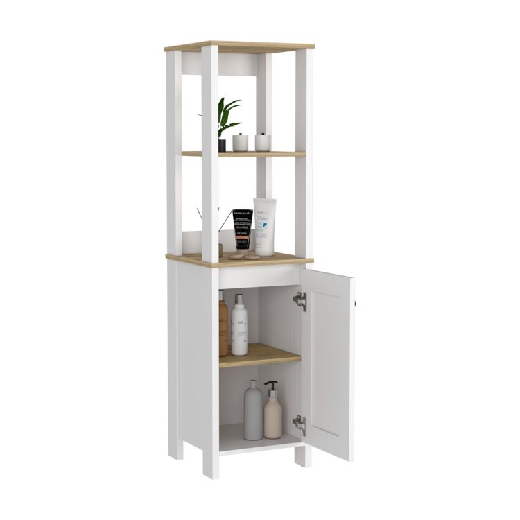 Linen Single Door Cabinet 59" H, Two Interior Shelves, Two Open Shelves, Light Oak White