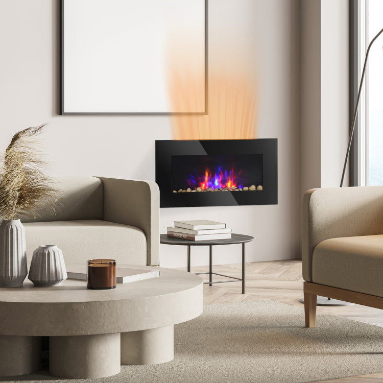 28.5" 1500W Electric Wall Mounted Fireplace With Flame Effect, 7 Color Background Light, Black