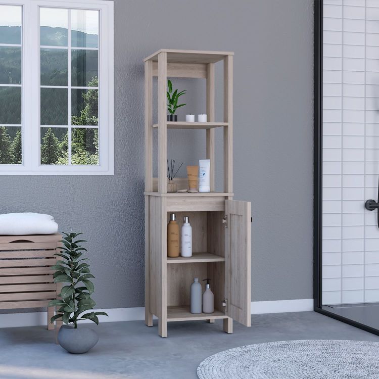 Linen Single Door Cabinet 59" H, Two Interior Shelves, Two Open Shelves, Light Gray
