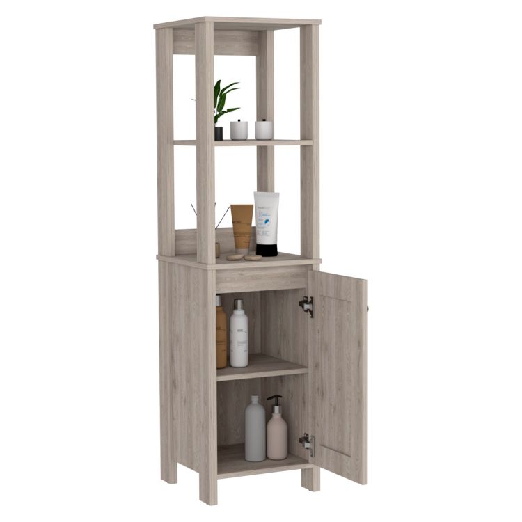 Linen Single Door Cabinet 59" H, Two Interior Shelves, Two Open Shelves, Light Gray