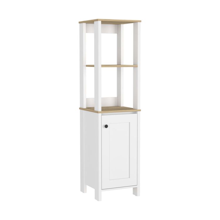 Linen Single Door Cabinet 59" H, Two Interior Shelves, Two Open Shelves, Light Oak White