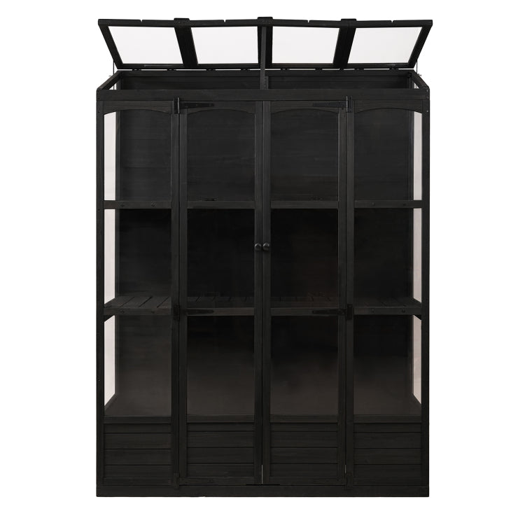 78 Inch Wooden Greenhouse Cold Frame With 4 Independent Skylights And 2 Folding Middle Shelves, Walk In Outdoor Greenhouse, Black