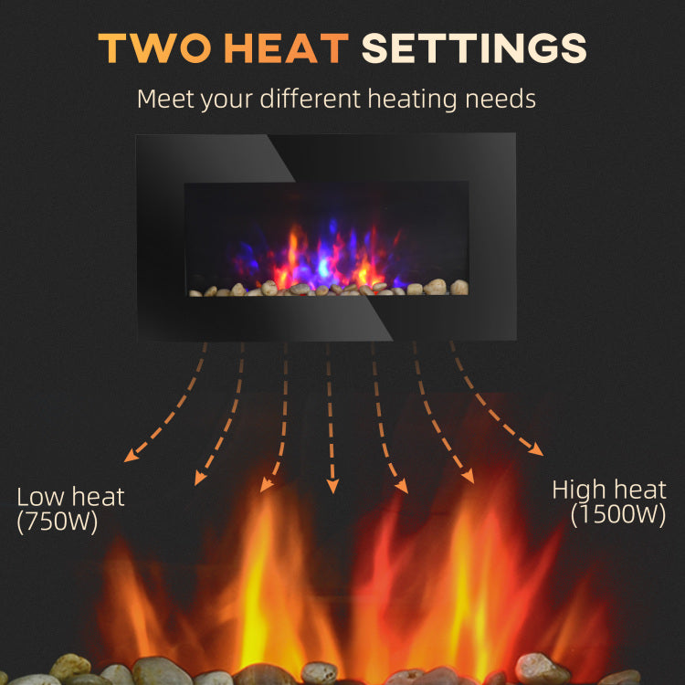 28.5" 1500W Electric Wall Mounted Fireplace With Flame Effect, 7 Color Background Light, Black