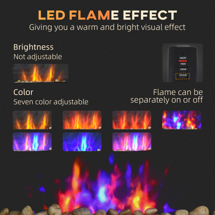 28.5" 1500W Electric Wall Mounted Fireplace With Flame Effect, 7 Color Background Light, Black
